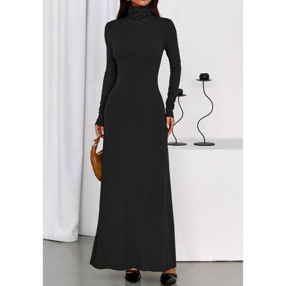 Women's Knit Maxi Dress Long Sleeve Turtleneck Stretchy Fall Wedding Party - Picture 6 of 9